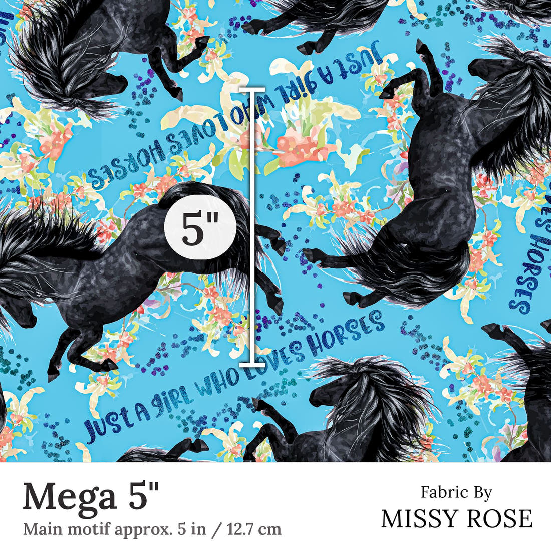 Design 260 Blue Horse Fabric Mega 5 inch print scale guide | Fabric by Missy Rose