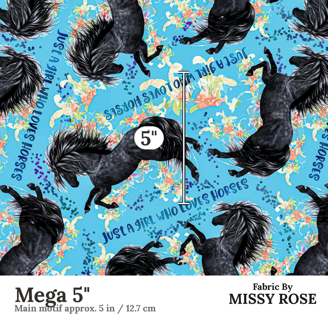 Design 260 Blue Horse Fabric Mega 5" - print scale | Fabric by Missy Rose