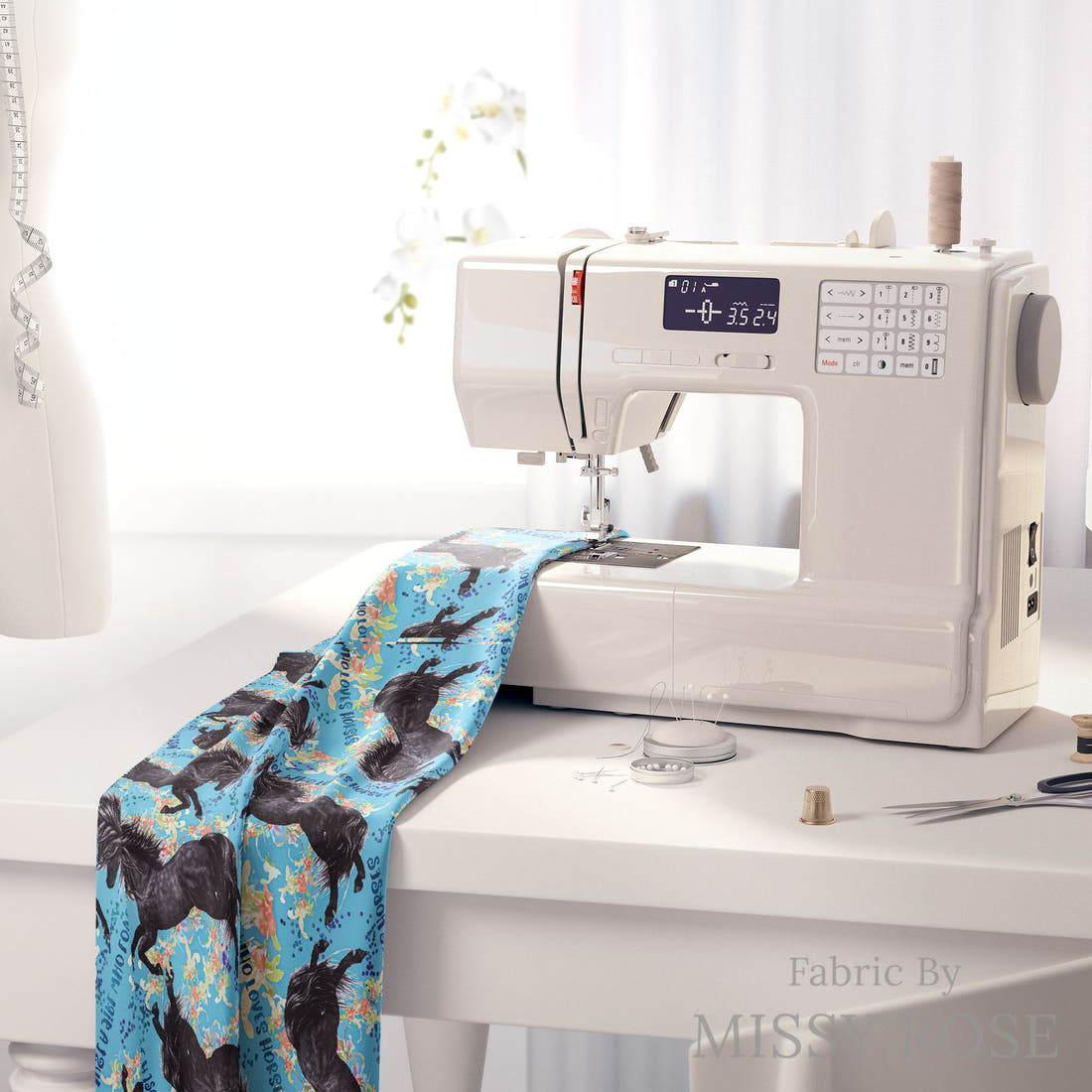 Design 260 Blue Horse Fabric on a sewing machine – premium fabric for sewing projects | Fabric by Missy Rose