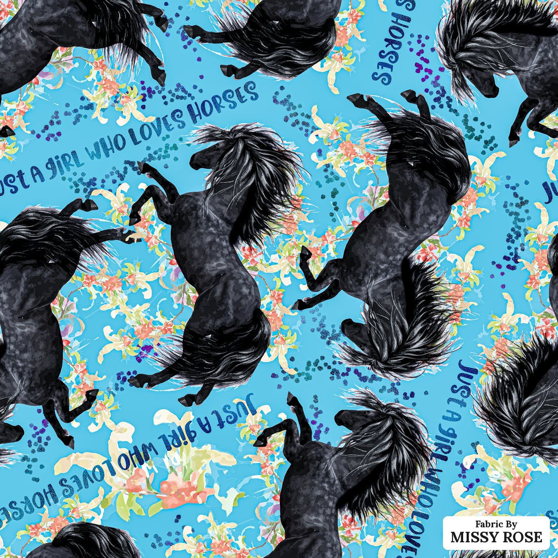 Design 260 Blue Horse Fabric - flat view of the print, zoom in for detail | Fabric by Missy Rose