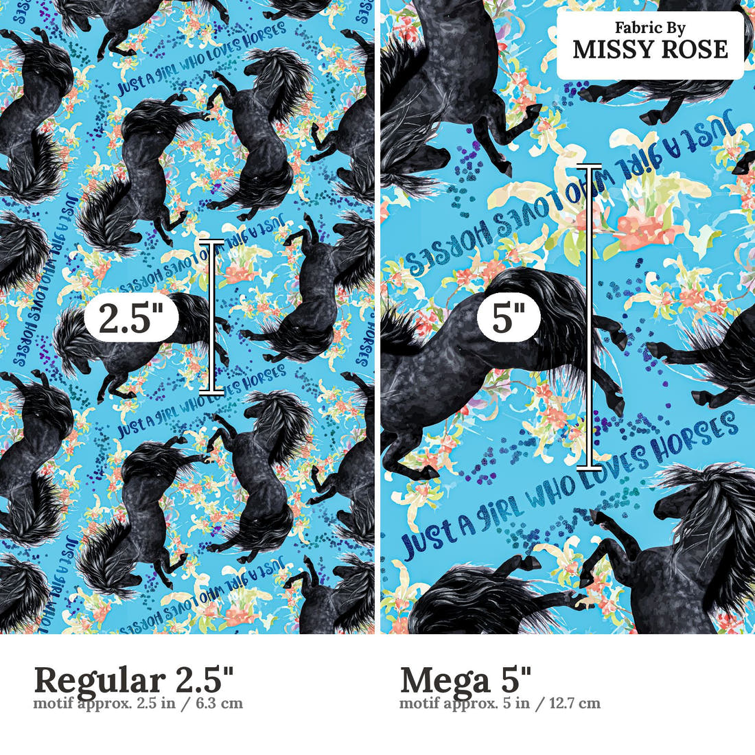 Design 260 Blue Horse Fabric size comparison - print scale | Fabric by Missy Rose