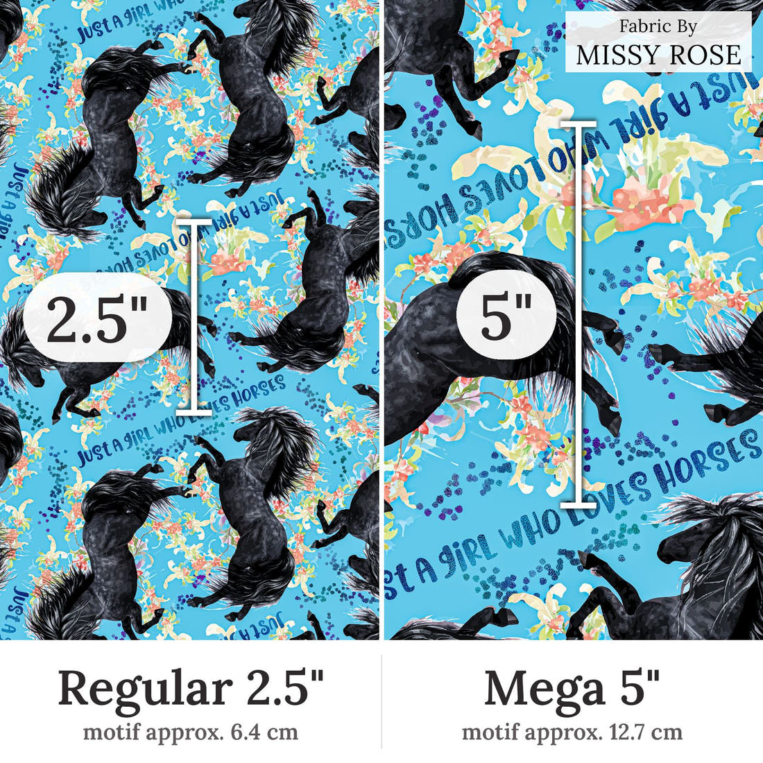 Design 260 Blue Horse Fabric Regular 2.5 inch vs Mega 5 inch print scale side by side | Fabric by Missy Rose