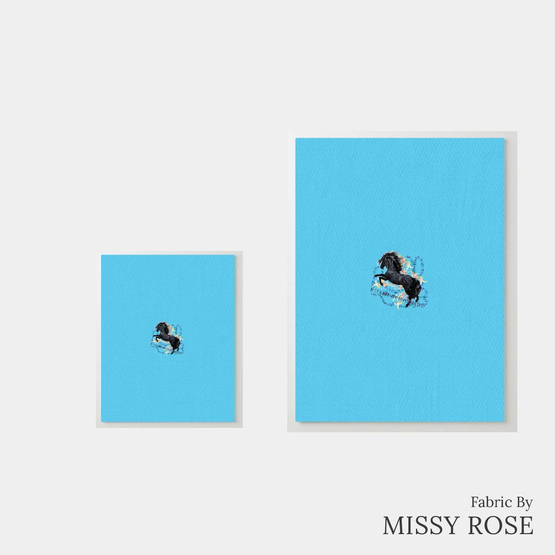Design 260 Blue Horse Panel – universal and adult panel sizes side by side | Fabric by Missy Rose