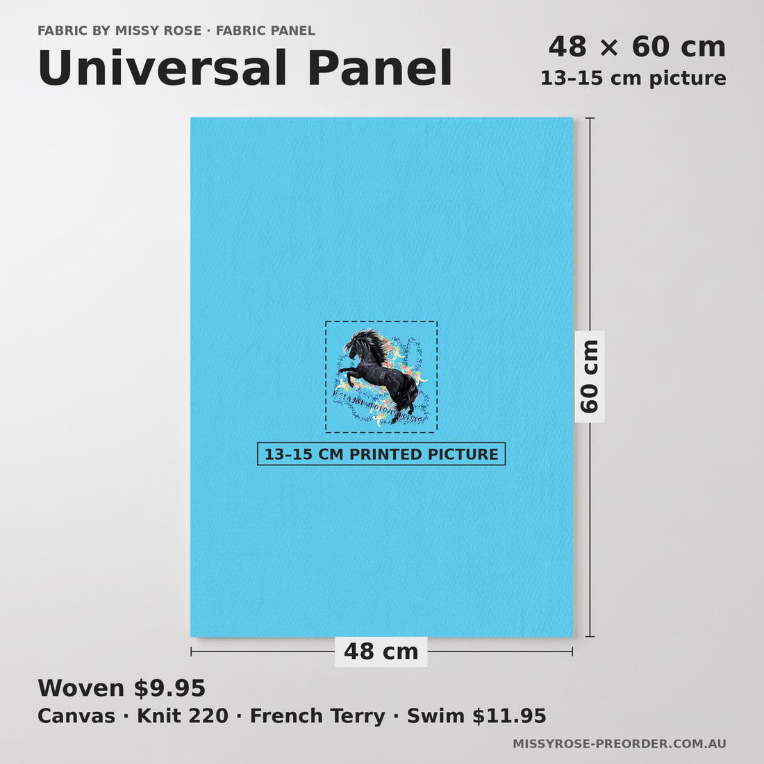 Design 260 Blue Horse Panel universal panel sizing – 13–15 cm printed picture on 48 × 60 cm fabric | Fabric by Missy Rose