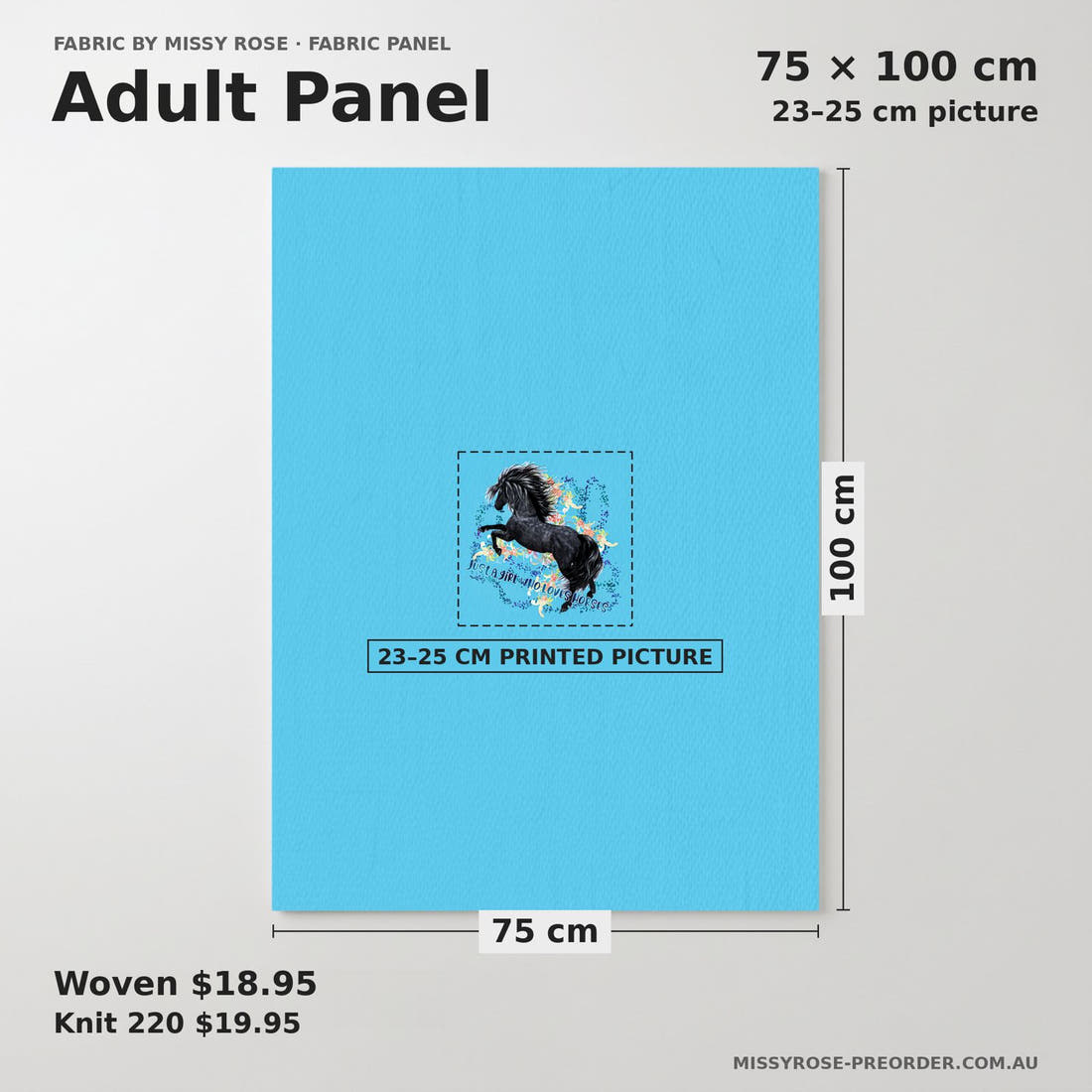 Design 260 Blue Horse Panel adult panel sizing – 23–25 cm printed picture on 75 × 100 cm fabric | Fabric by Missy Rose