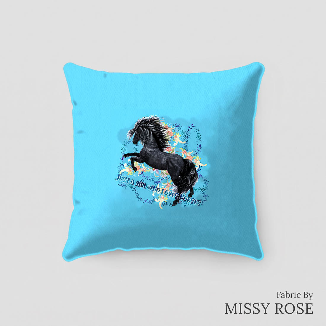 Design 260 Blue Horse Panel sewn into a cushion – see how the panel looks made up | Fabric by Missy Rose
