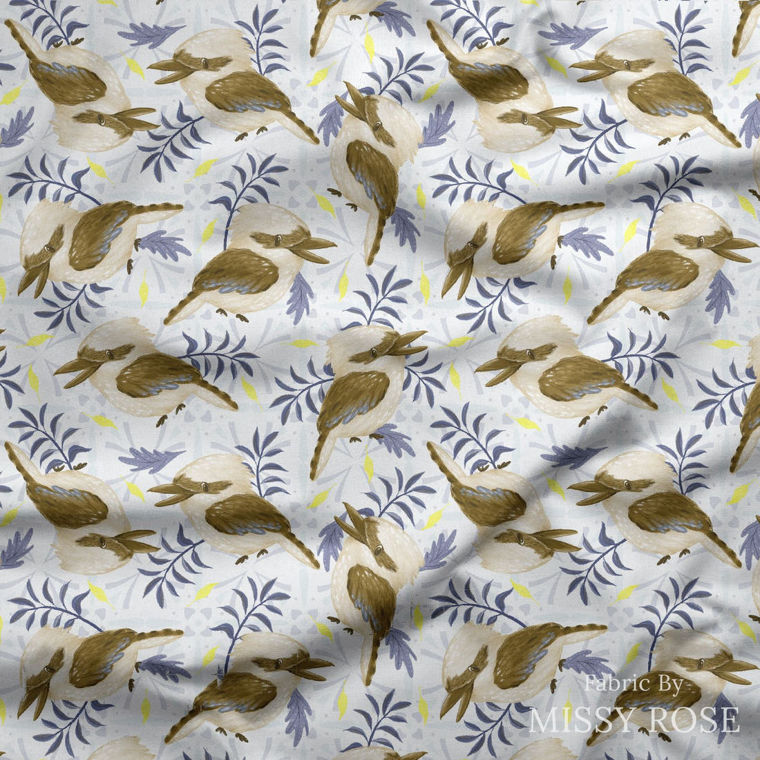 Design 261 Kookaburra Fabric draped fabric mockup – custom printed fabric by the metre | Fabric by Missy Rose