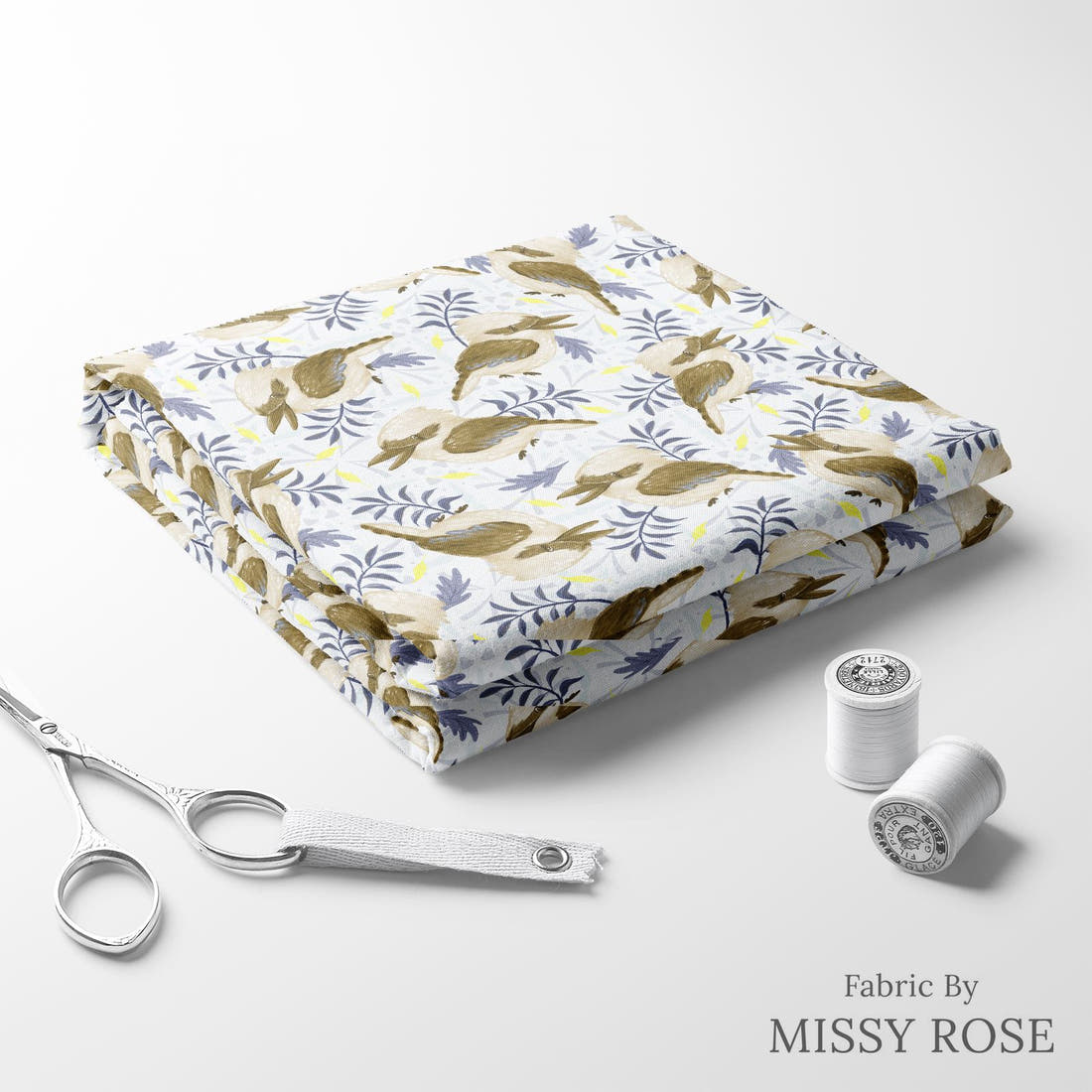 Design 261 Kookaburra Fabric folded fabric stack with matching thread – pre-order fabric Australia | Fabric by Missy Rose