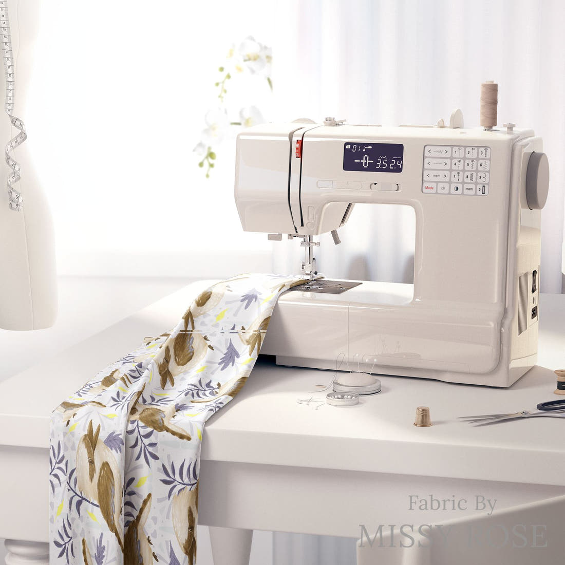 Design 261 Kookaburra Fabric on a sewing machine – premium fabric for sewing projects | Fabric by Missy Rose