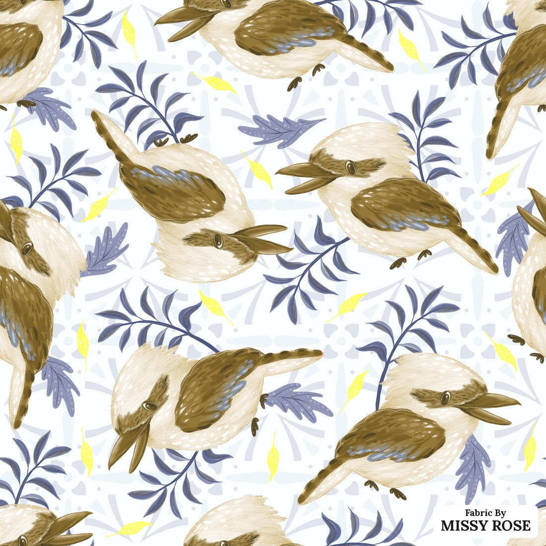 Design 261 Kookaburra Fabric - flat view of the print, zoom in for detail | Fabric by Missy Rose