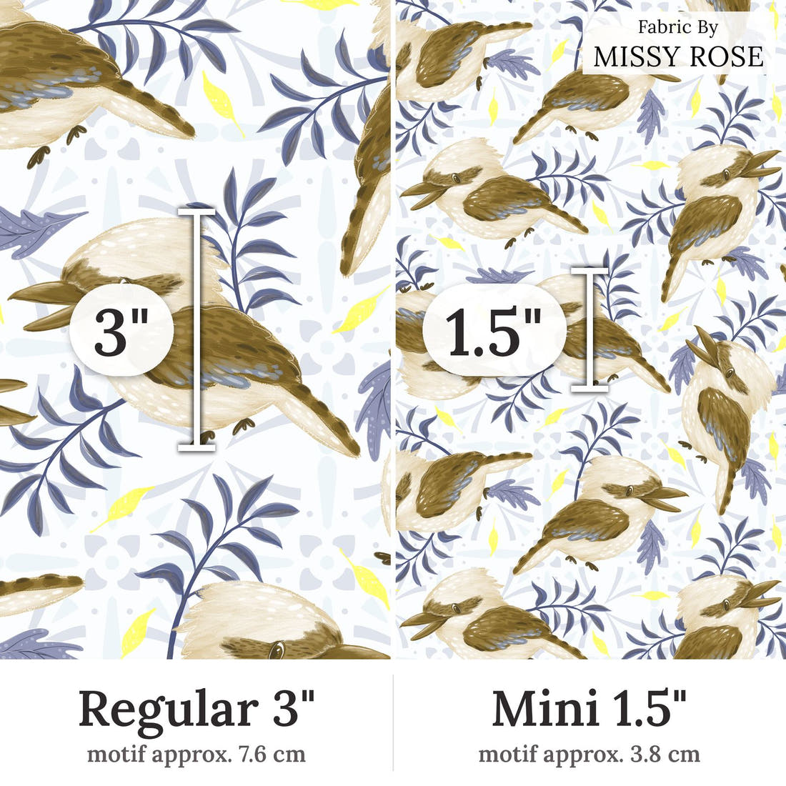 Design 261 Kookaburra Fabric Regular 3 inch vs Mini 1.5 inch print scale side by side | Fabric by Missy Rose