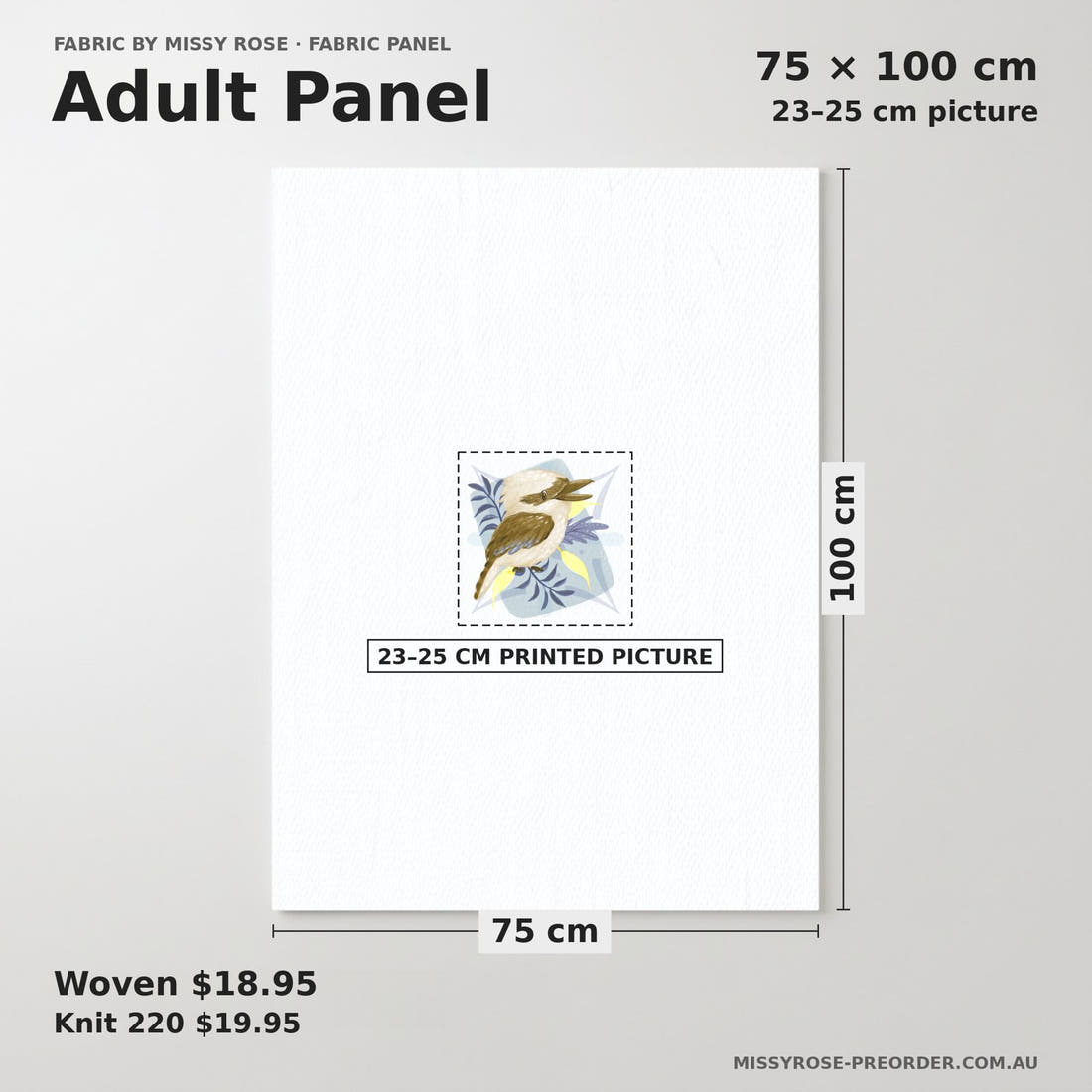 Design 261 Kookaburra Panel adult panel sizing – 23–25 cm printed picture on 75 × 100 cm fabric | Fabric by Missy Rose