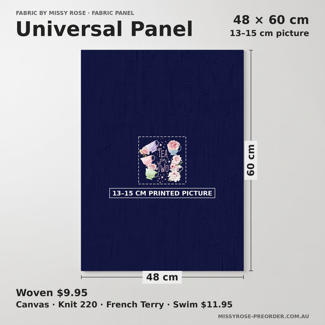 Design 262 Tea Party Panel universal panel sizing – 13–15 cm printed picture on 48 × 60 cm fabric | Fabric by Missy Rose