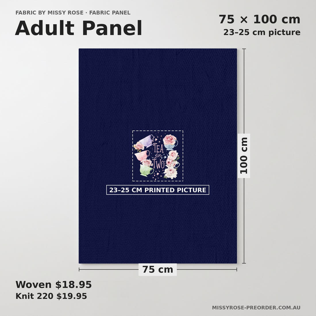 Design 262 Tea Party Panel adult panel sizing – 23–25 cm printed picture on 75 × 100 cm fabric | Fabric by Missy Rose