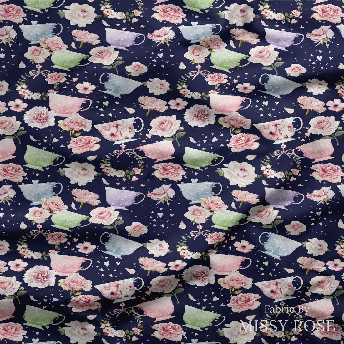 Design 262 Tea Party Fabric draped fabric mockup – custom printed fabric by the metre | Fabric by Missy Rose