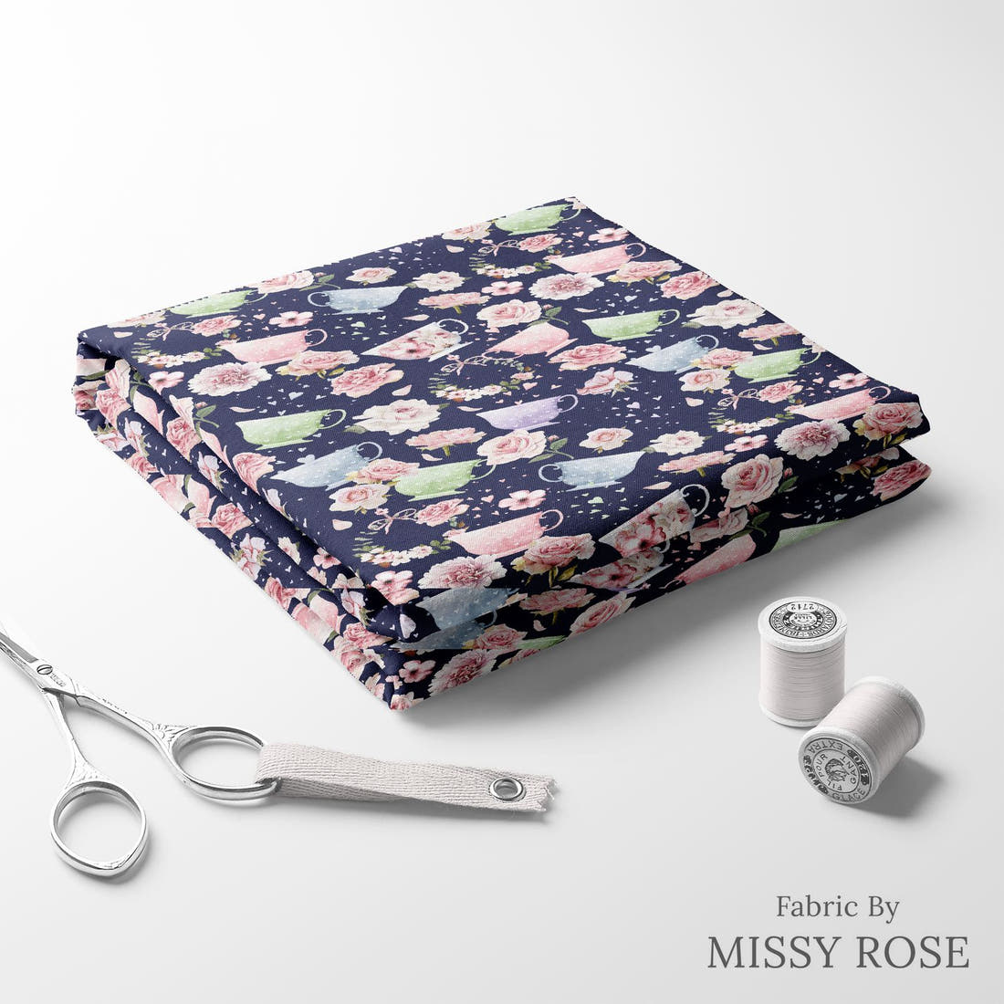Design 262 Tea Party Fabric folded fabric stack with matching thread – pre-order fabric Australia | Fabric by Missy Rose