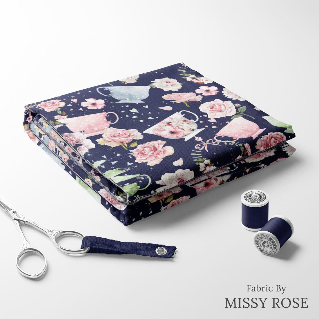 Design 262 Tea Party Fabric folded fabric stack with matching thread – pre-order fabric Australia | Fabric by Missy Rose