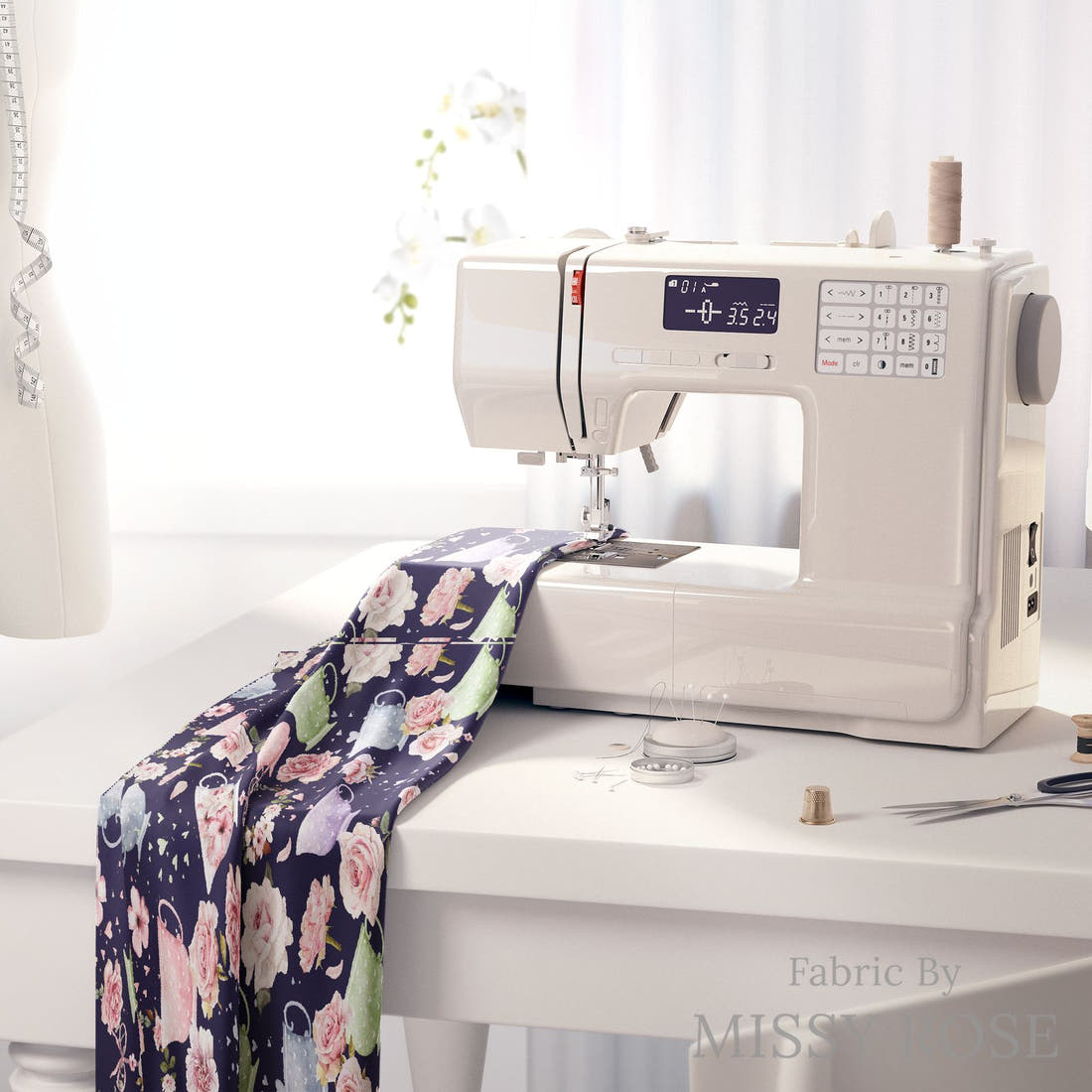 Design 262 Tea Party Fabric on a sewing machine – premium fabric for sewing projects | Fabric by Missy Rose