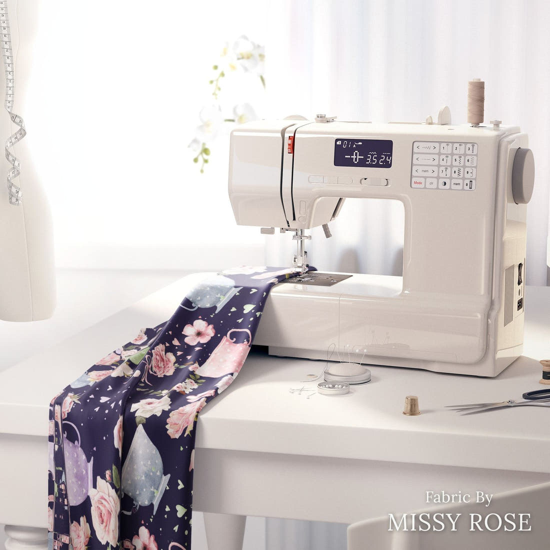 Design 262 Tea Party Fabric on a sewing machine – premium fabric for sewing projects | Fabric by Missy Rose