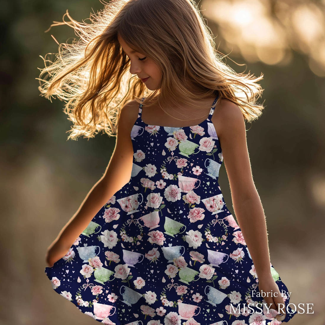 Design 262 Tea Party Fabric sewn into a girls' dress – see how the print looks made up | Fabric by Missy Rose