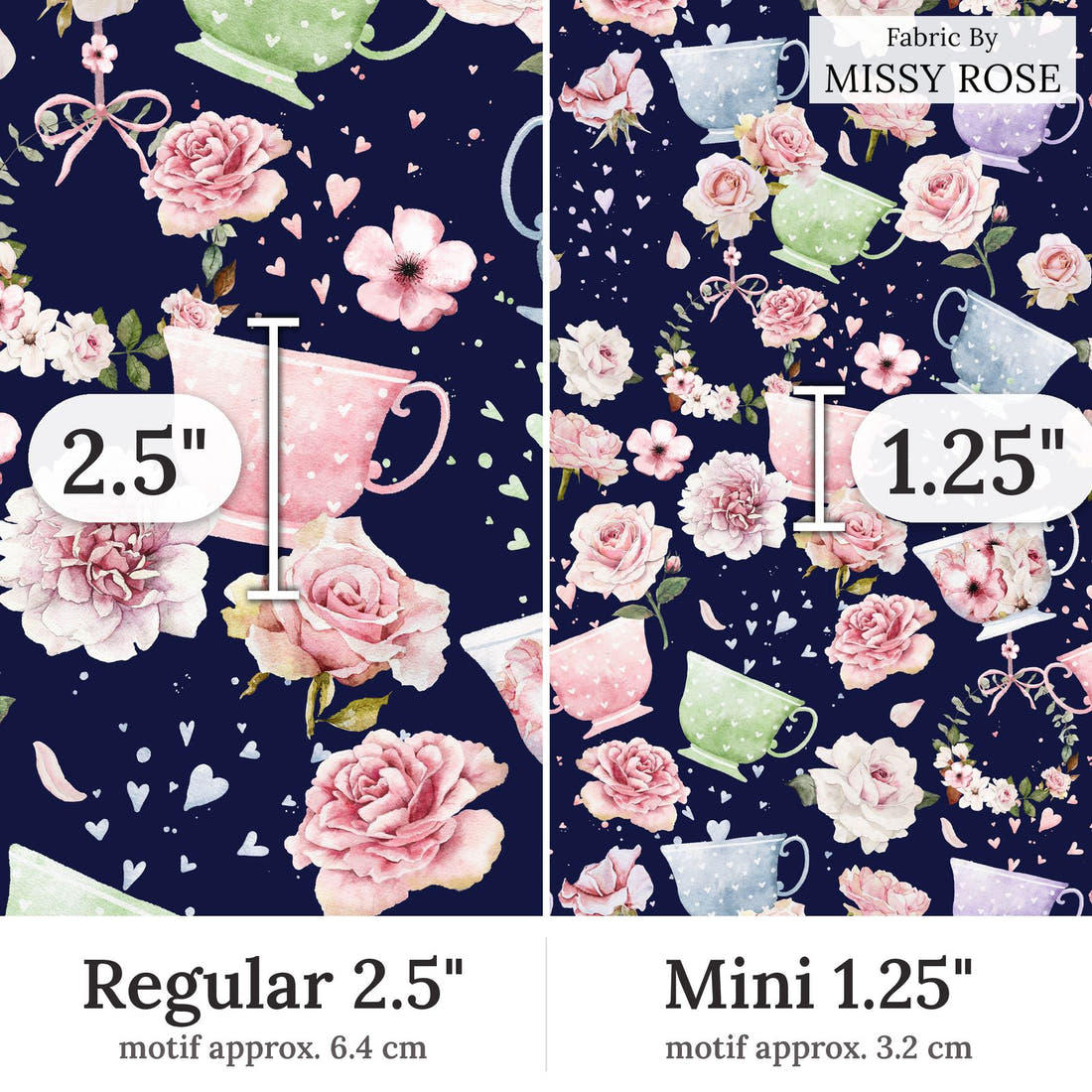 Design 262 Tea Party Fabric Regular 2.5 inch vs Mini 1.25 inch print scale side by side | Fabric by Missy Rose