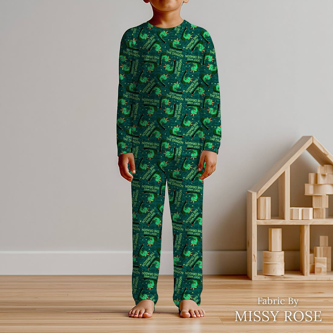 Design 263 Grumpy Dragon Fabric sewn into kids' pyjamas – see how the print looks made up | Fabric by Missy Rose