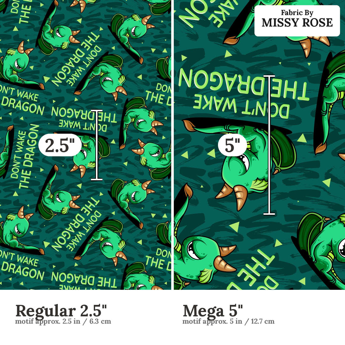 Design 263 Grumpy Dragon Fabric size comparison - print scale | Fabric by Missy Rose