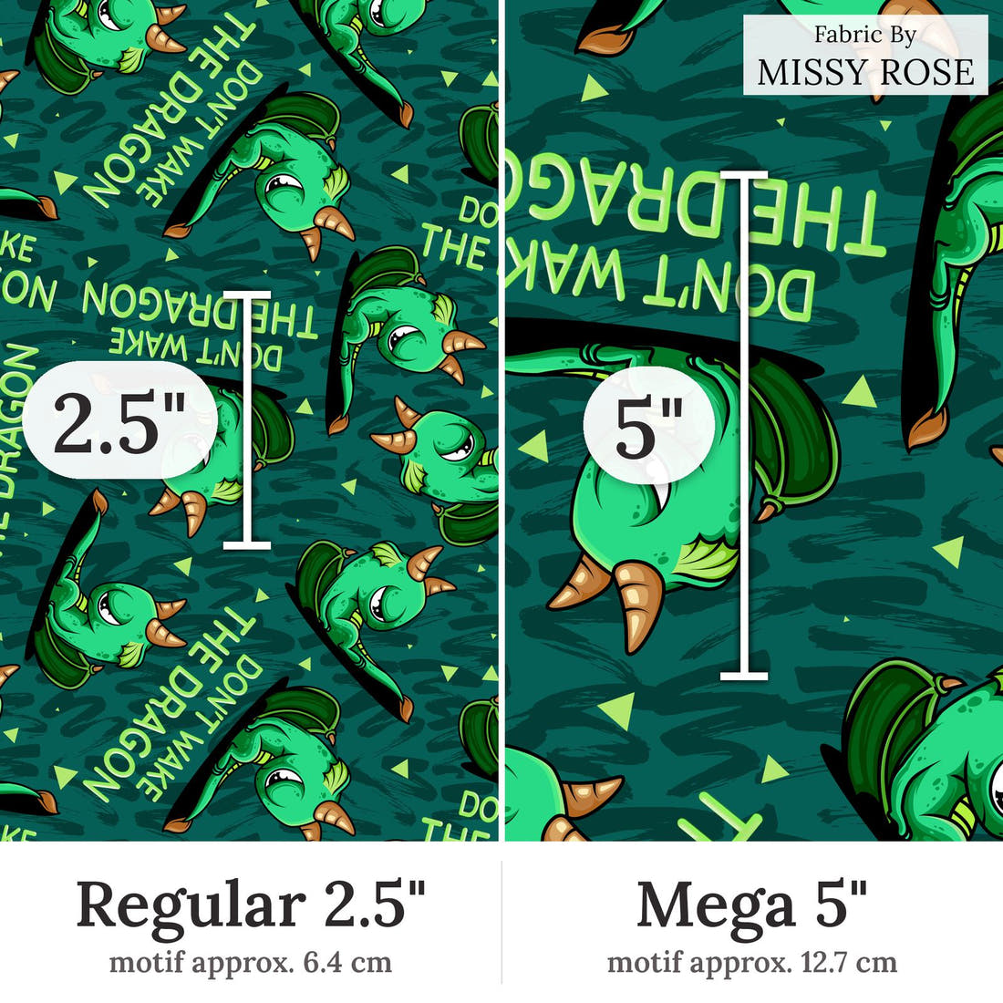 Design 263 Grumpy Dragon Fabric Regular 2.5 inch vs Mega 5 inch print scale side by side | Fabric by Missy Rose