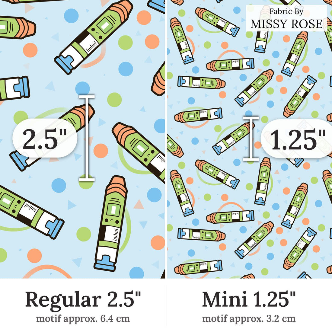 Design 264 Epi Pen Fabric Regular 2.5 inch vs Mini 1.25 inch print scale side by side | Fabric by Missy Rose