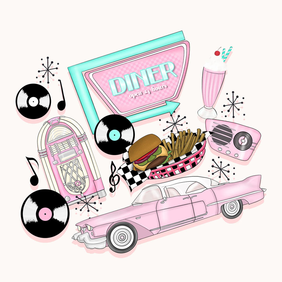 Design 265 Retro Diner Panel – full artwork close-up of the printed picture | Fabric by Missy Rose