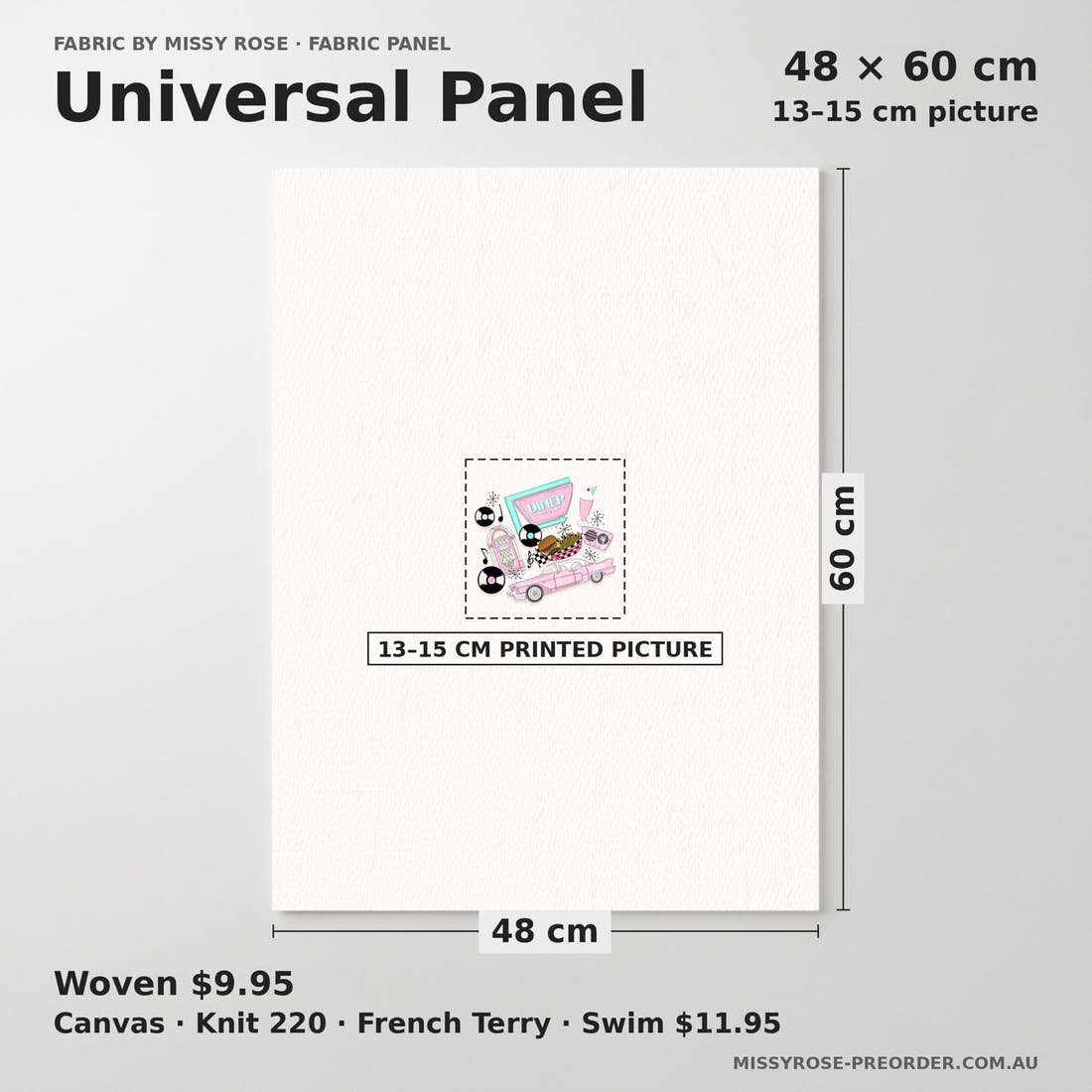 Design 265 Retro Diner Panel universal panel sizing – 13–15 cm printed picture on 48 × 60 cm fabric | Fabric by Missy Rose