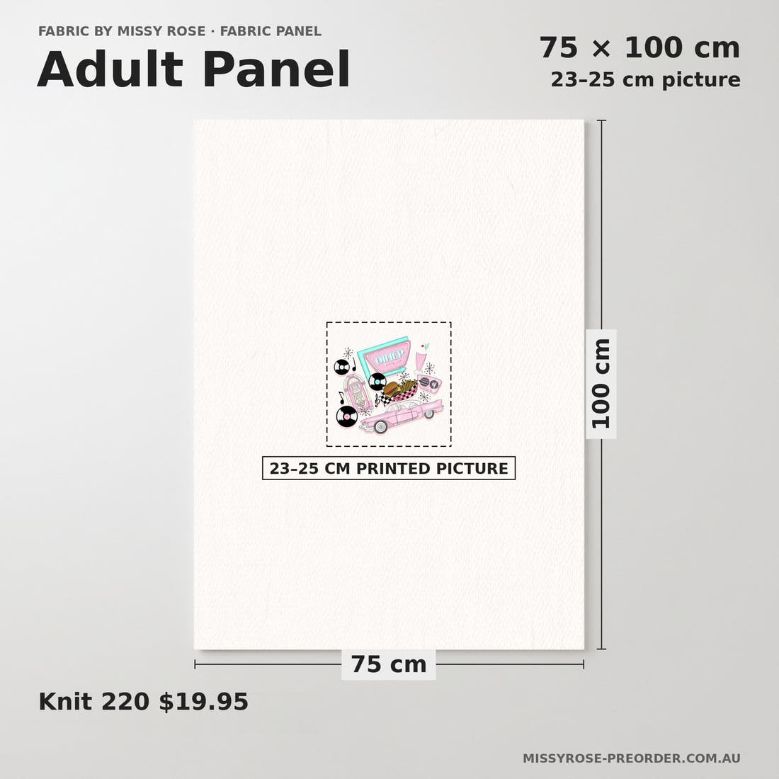 Design 265 Retro Diner Panel adult panel sizing – 23–25 cm printed picture on 75 × 100 cm fabric | Fabric by Missy Rose