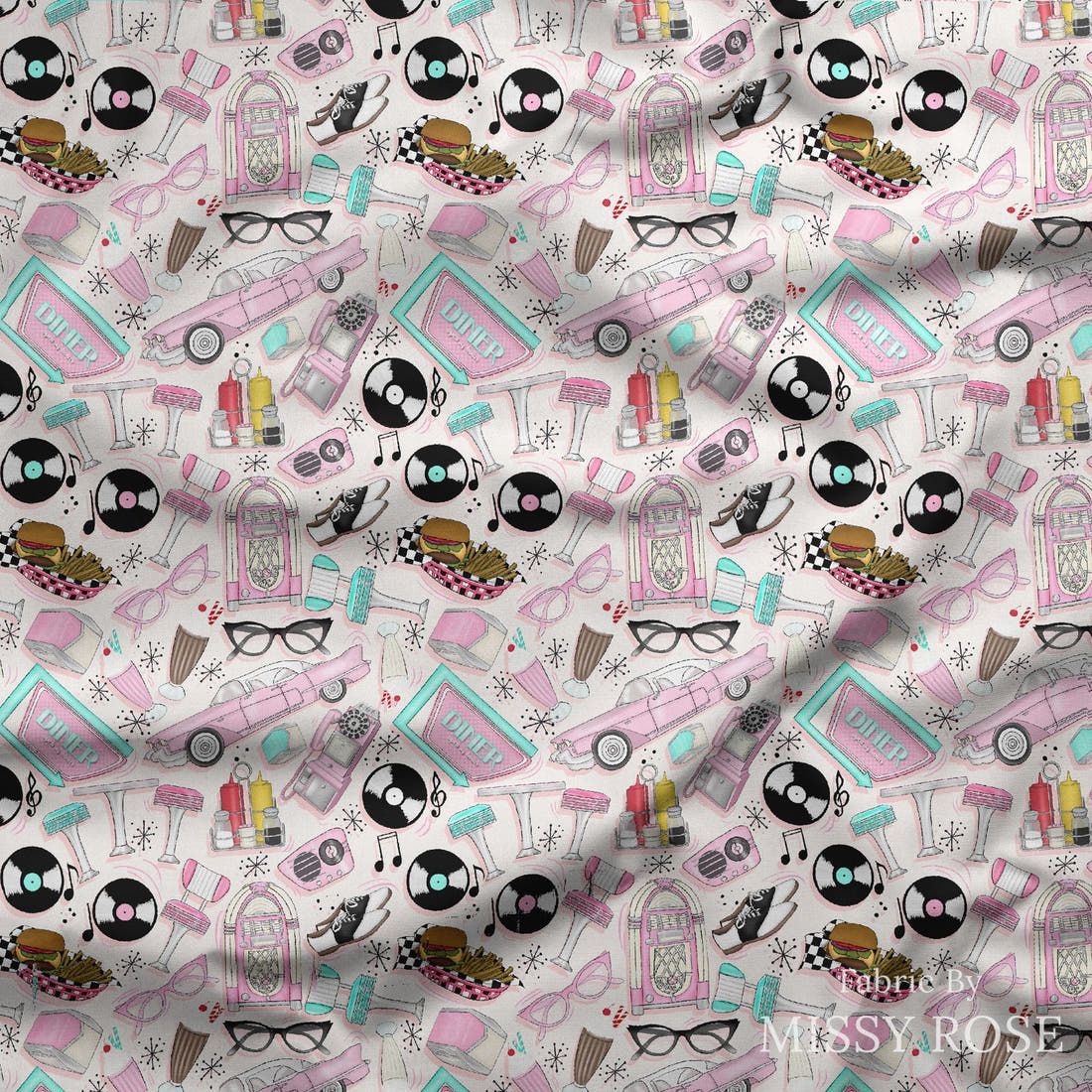 Design 265 Retro Diner Fabric draped fabric mockup – custom printed fabric by the metre | Fabric by Missy Rose