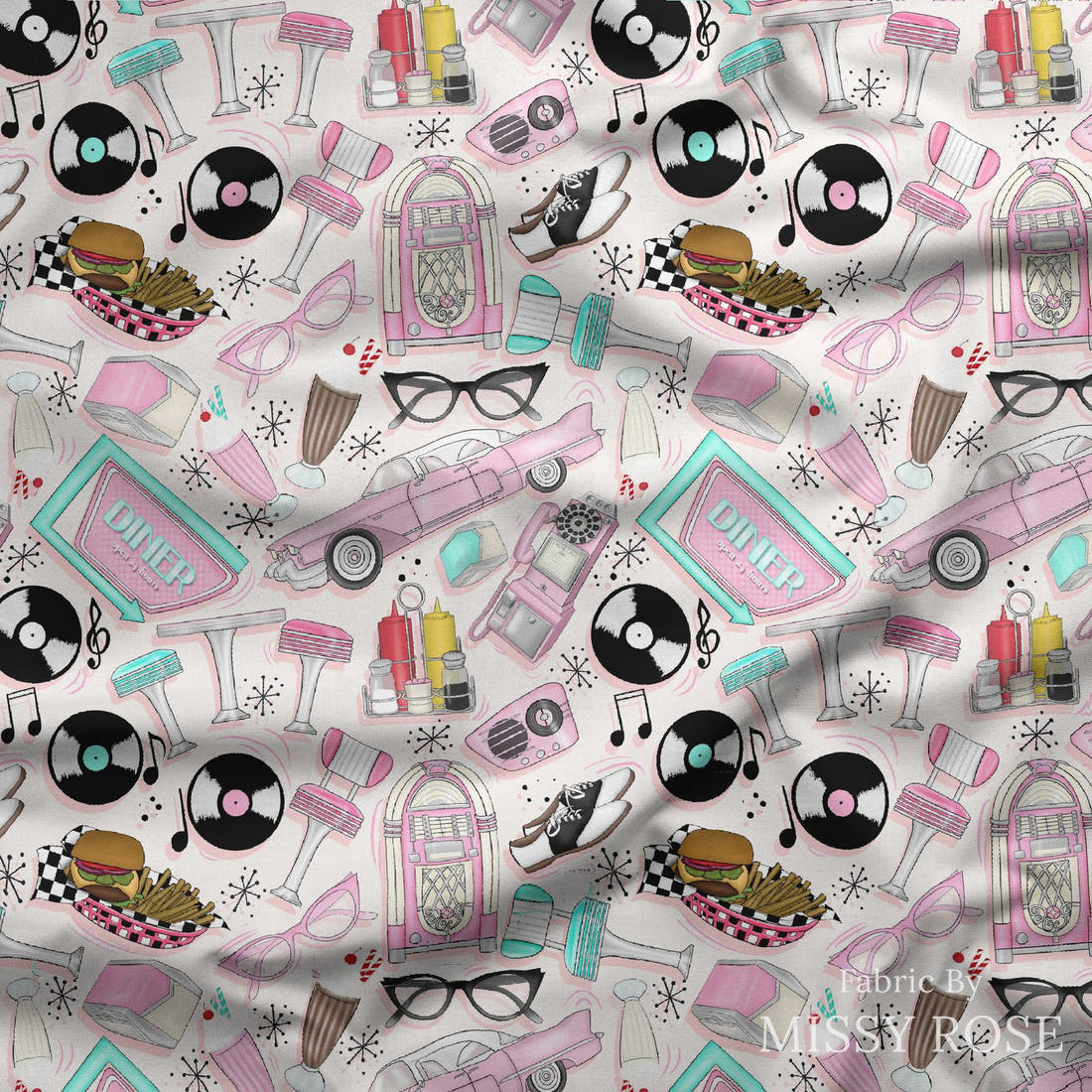 Design 265 Retro Diner Fabric draped fabric mockup – custom printed fabric by the metre | Fabric by Missy Rose