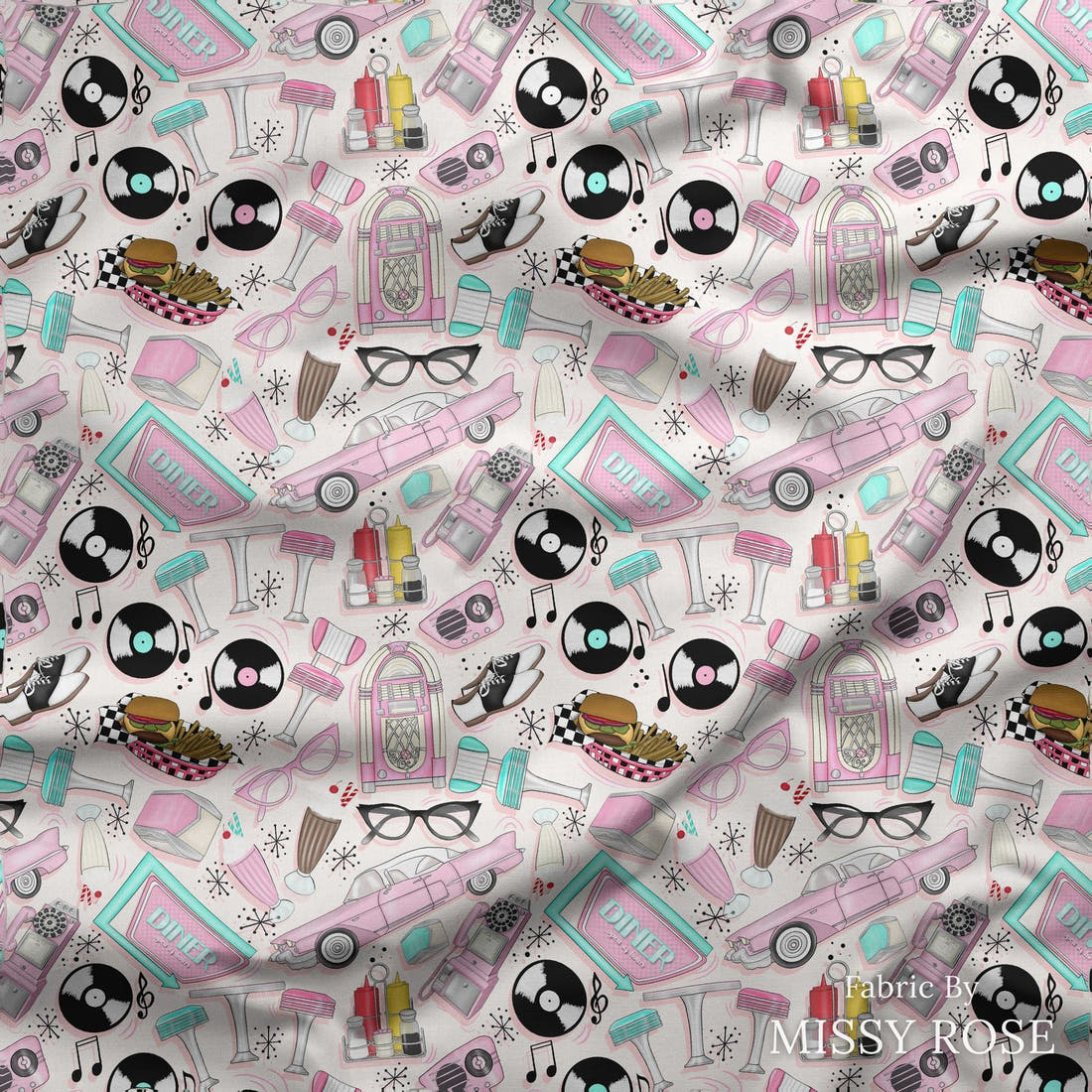 Design 265 Retro Diner Fabric draped fabric mockup – custom printed fabric by the metre | Fabric by Missy Rose