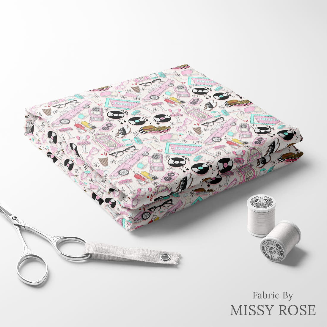 Design 265 Retro Diner Fabric folded fabric stack with matching thread – pre-order fabric Australia | Fabric by Missy Rose