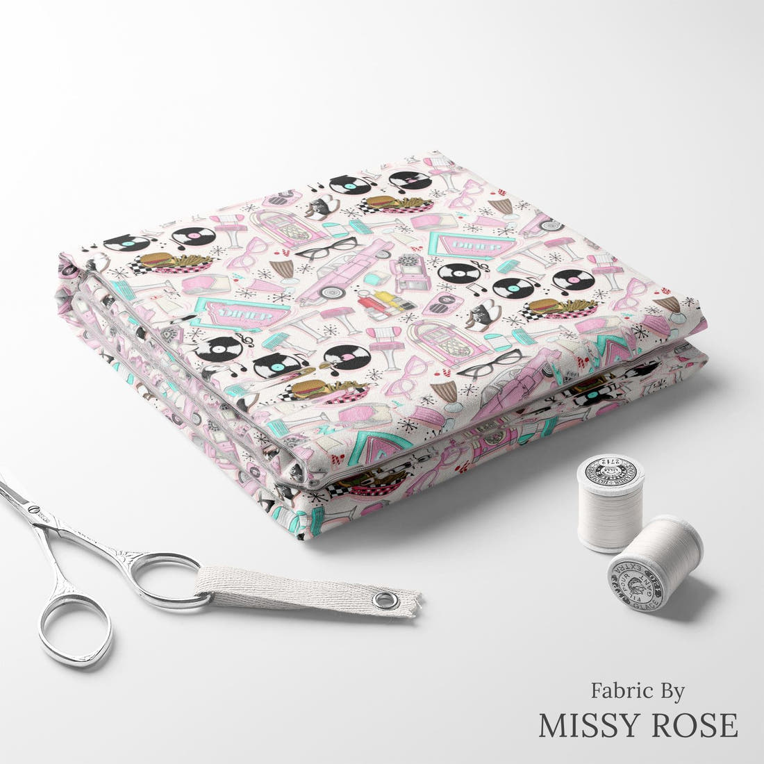 Design 265 Retro Diner Fabric folded fabric stack with matching thread – pre-order fabric Australia | Fabric by Missy Rose