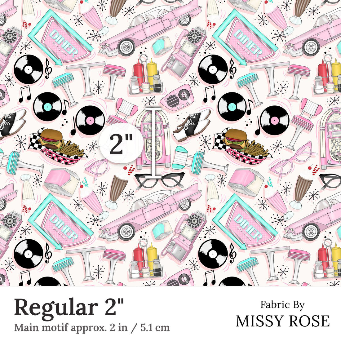 Design 265 Retro Diner Fabric Regular 2 inch print scale guide | Fabric by Missy Rose
