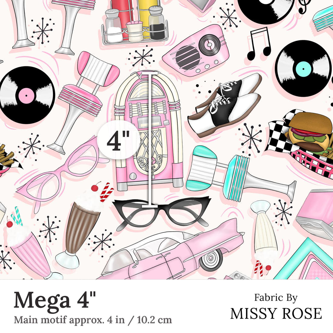 Design 265 Retro Diner Fabric Mega 4 inch print scale guide | Fabric by Missy Rose