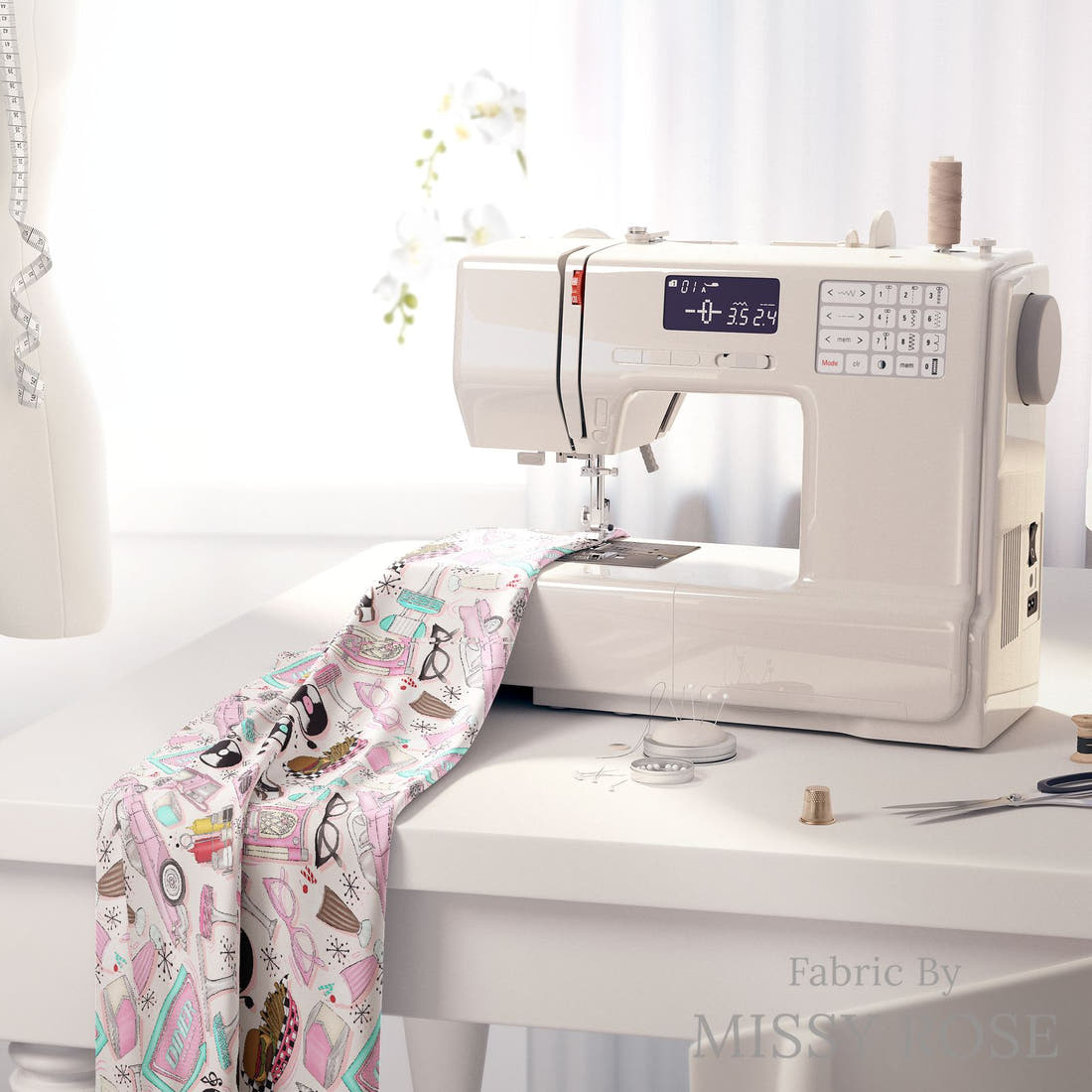 Design 265 Retro Diner Fabric on a sewing machine – premium fabric for sewing projects | Fabric by Missy Rose