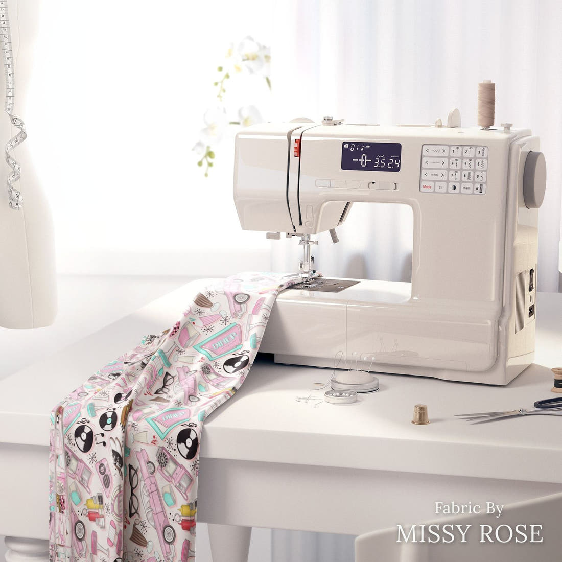 Design 265 Retro Diner Fabric on a sewing machine – premium fabric for sewing projects | Fabric by Missy Rose