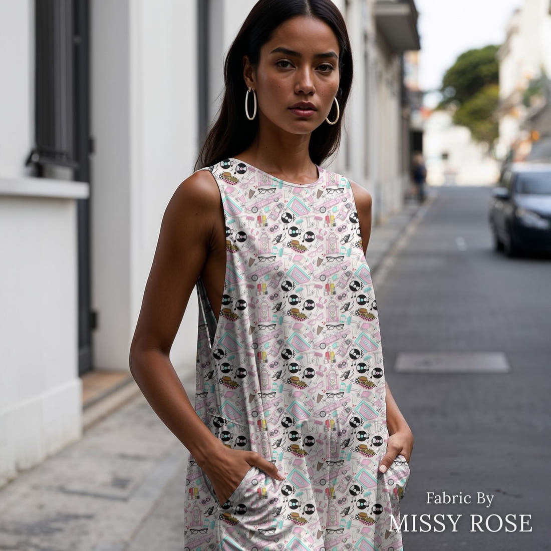 Design 265 Retro Diner Fabric sewn into a women's jumpsuit – see how the print looks made up | Fabric by Missy Rose