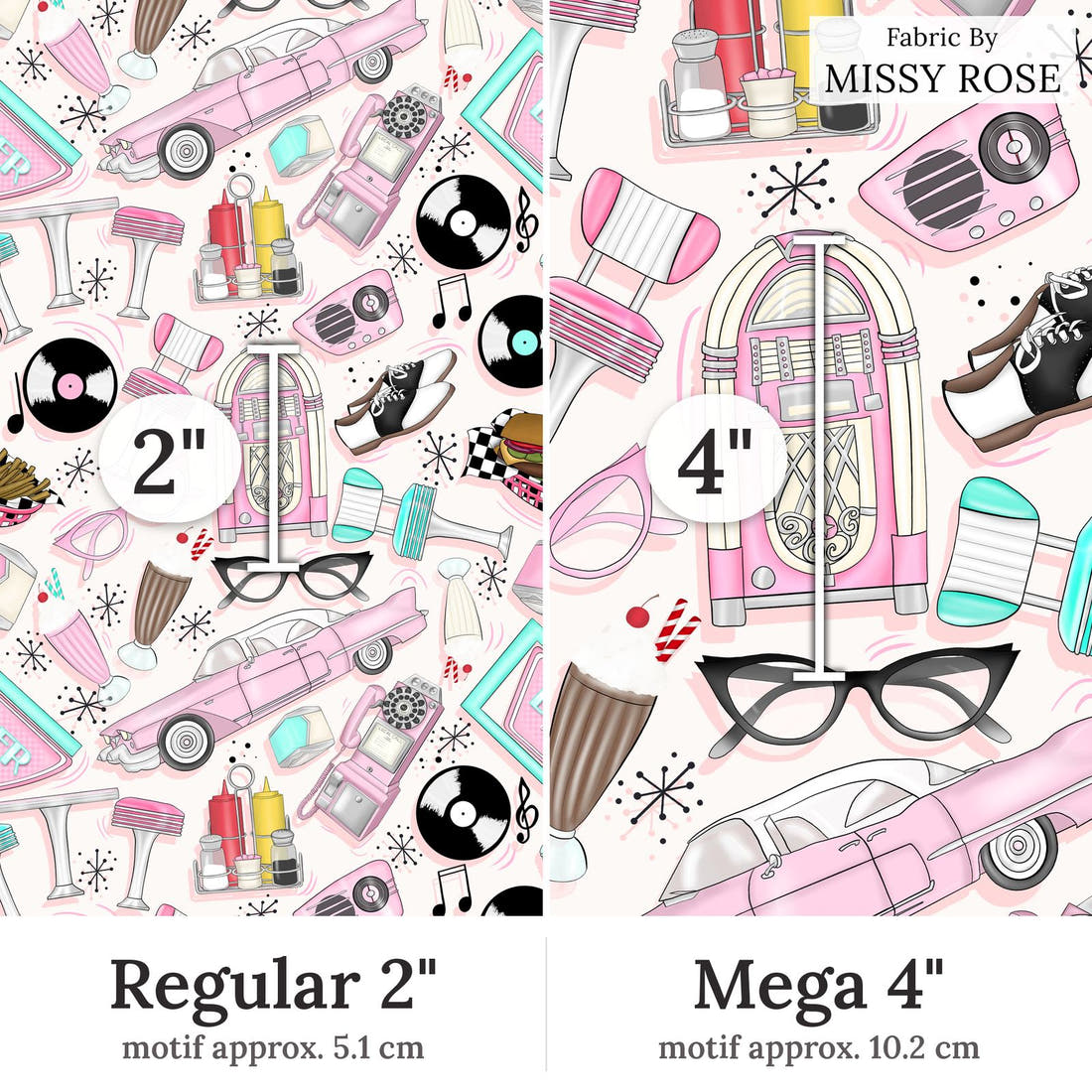 Design 265 Retro Diner Fabric Regular 2 inch vs Mega 4 inch print scale side by side | Fabric by Missy Rose
