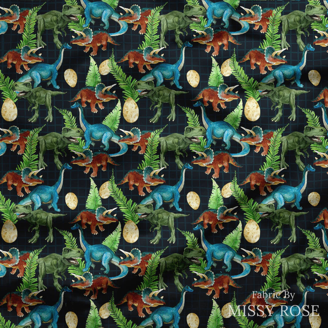 Design 266 Dinosaur Fabric draped fabric mockup – custom printed fabric by the metre | Fabric by Missy Rose
