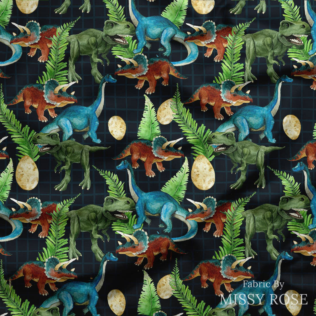 Design 266 Dinosaur Fabric draped fabric mockup – custom printed fabric by the metre | Fabric by Missy Rose