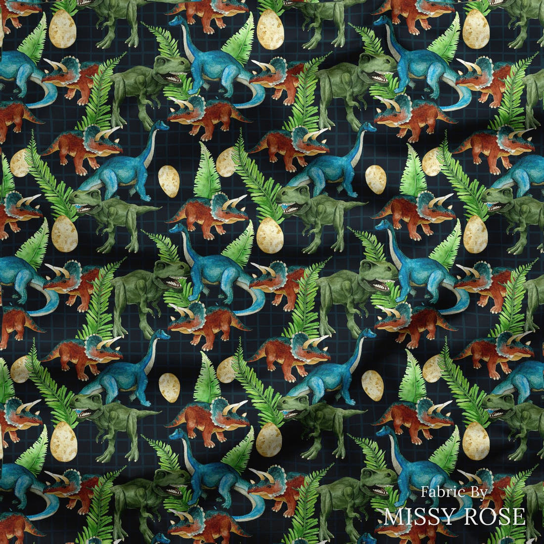 Design 266 Dinosaur Fabric draped fabric mockup – custom printed fabric by the metre | Fabric by Missy Rose
