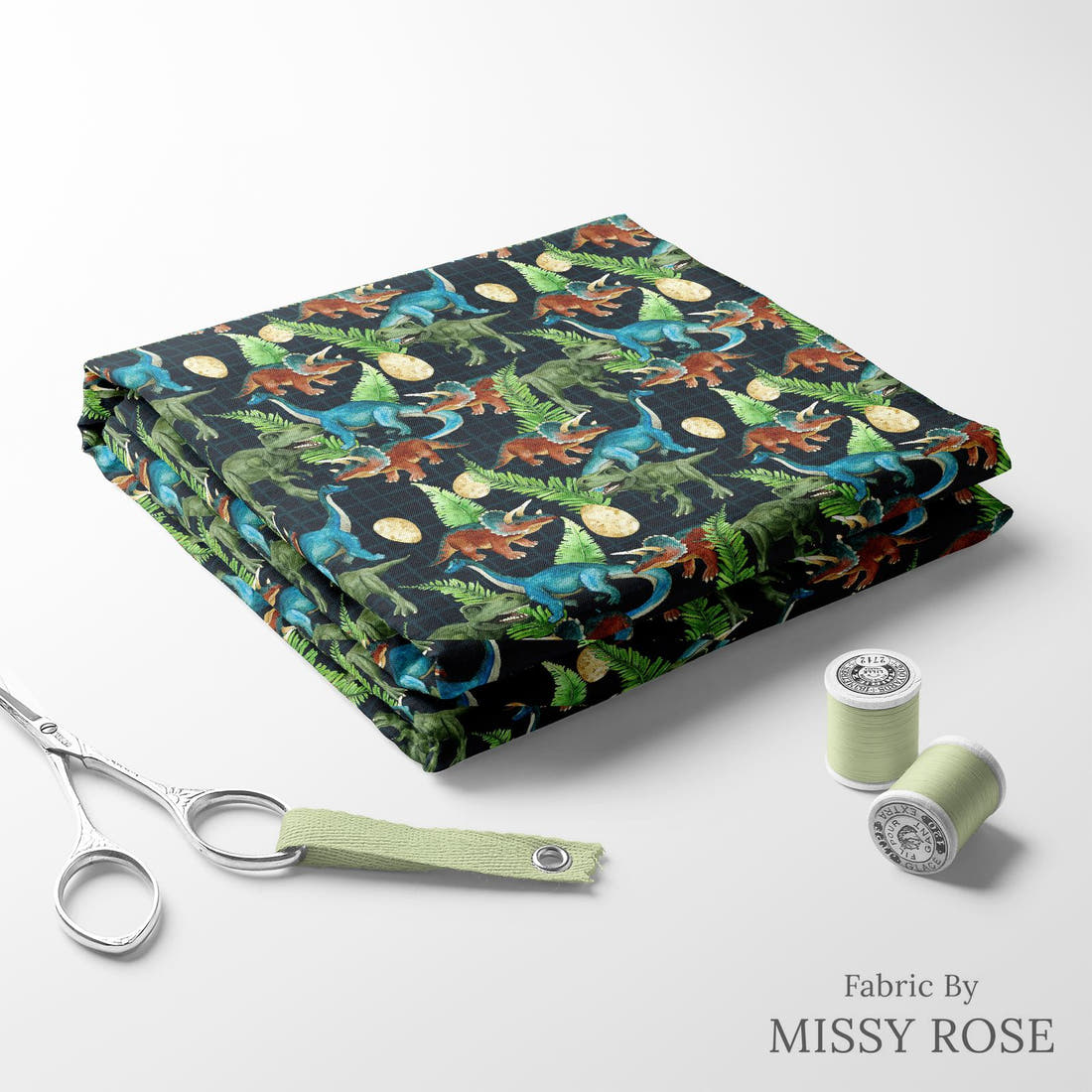 Design 266 Dinosaur Fabric folded fabric stack with matching thread – pre-order fabric Australia | Fabric by Missy Rose