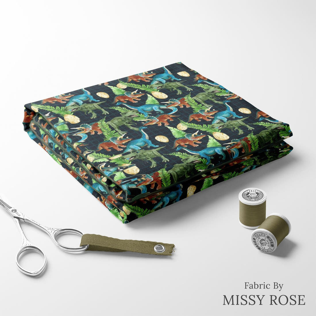 Design 266 Dinosaur Fabric folded fabric stack with matching thread – pre-order fabric Australia | Fabric by Missy Rose