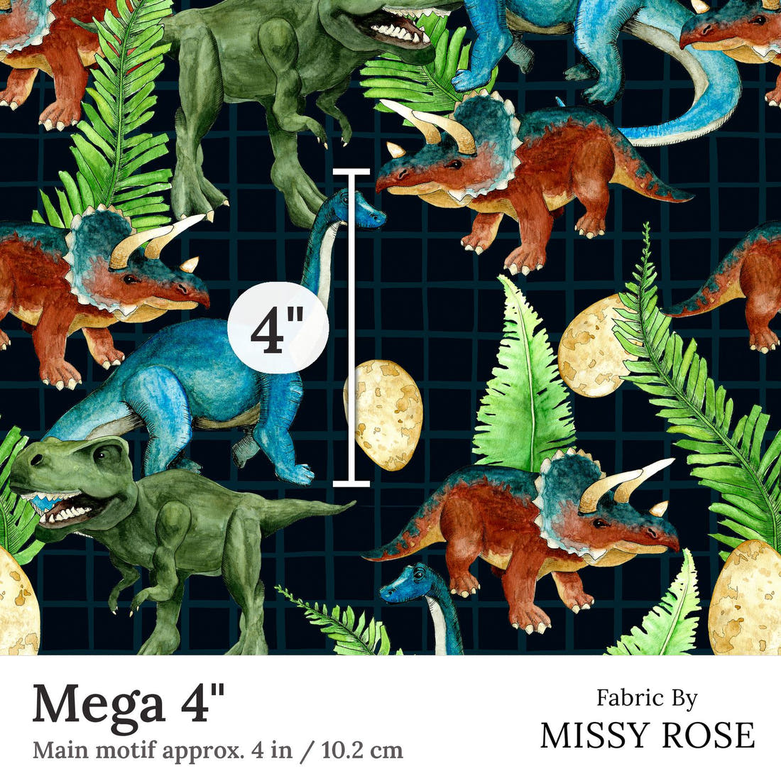 Design 266 Dinosaur Fabric Mega 4 inch print scale guide | Fabric by Missy Rose