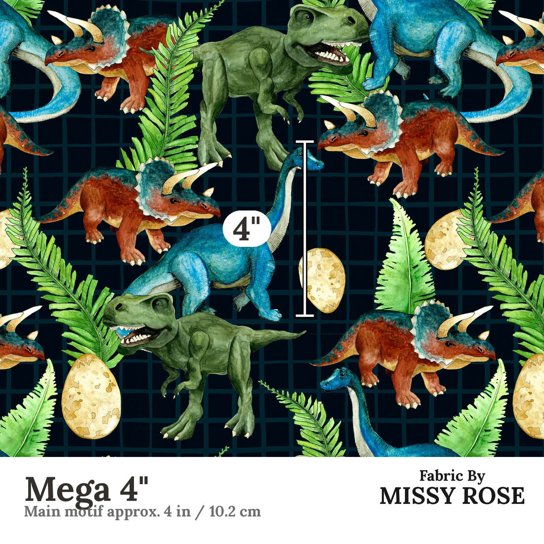 Design 266 Dinosaur Fabric Mega 4" - print scale | Fabric by Missy Rose